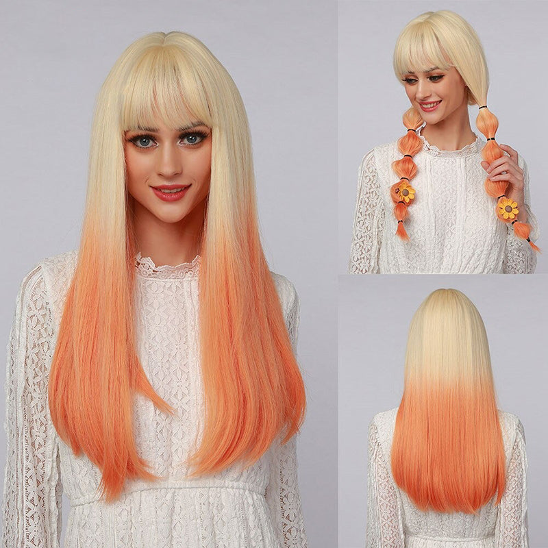 Women's Wavy Wig Ombre Pink 24 Inch Heat-Resistant Fiber 34