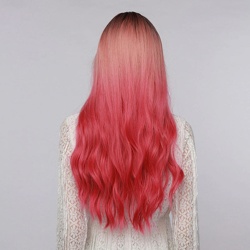 Women's Wavy Wig Ombre Pink 24 Inch Heat-Resistant Fiber 4