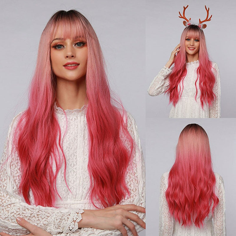 Women's Wavy Wig Ombre Pink 24 Inch Heat-Resistant Fiber 5