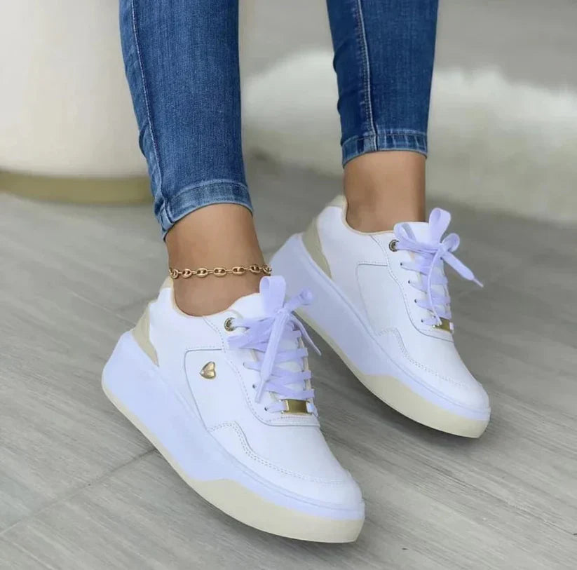 Women's White Platform Sneakers with Cushioned Sole – Lace-Up Faux Leather Casual Footwear 3