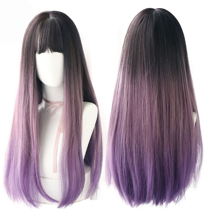 Women's Wig Long Black Heat-Resistant Synthetic with Bangs 13