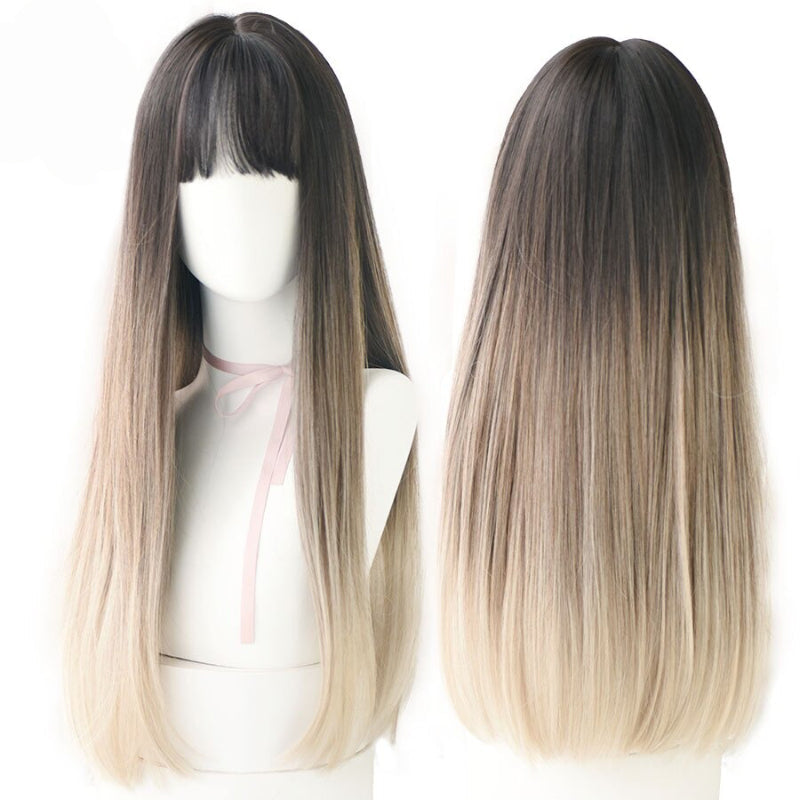 Women's Wig Long Black Heat-Resistant Synthetic with Bangs 14