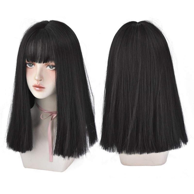 Women's Wig Long Black Heat-Resistant Synthetic with Bangs 17