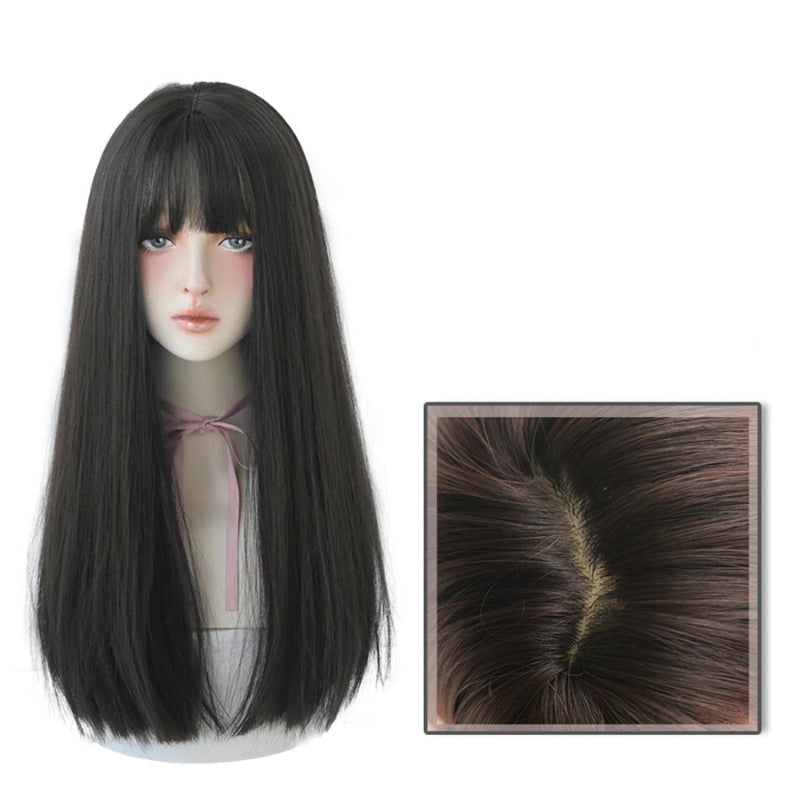 Women's Wig Long Black Heat-Resistant Synthetic with Bangs 2