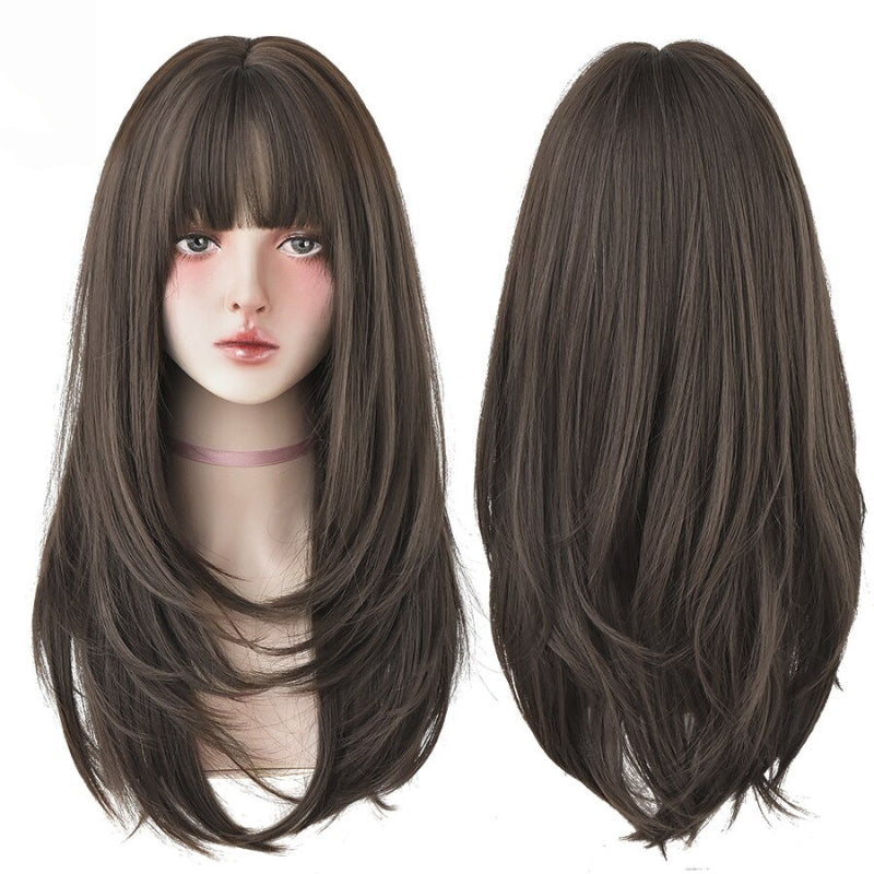 Women's Wig Long Black Heat-Resistant Synthetic with Bangs 25