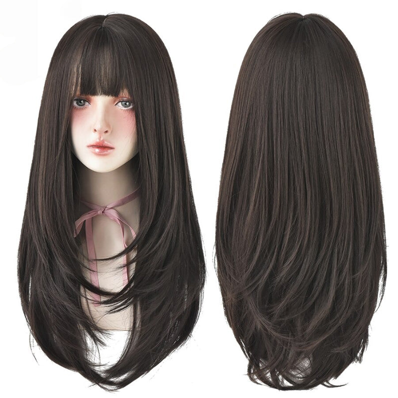 Women's Wig Long Black Heat-Resistant Synthetic with Bangs 29