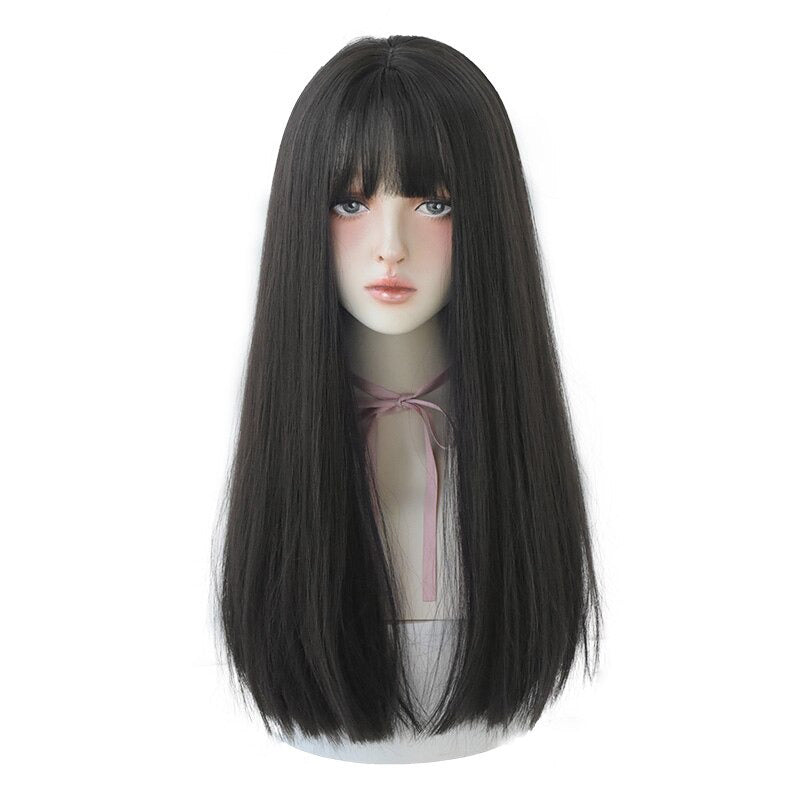 Women's Wig Long Black Heat-Resistant Synthetic with Bangs 5