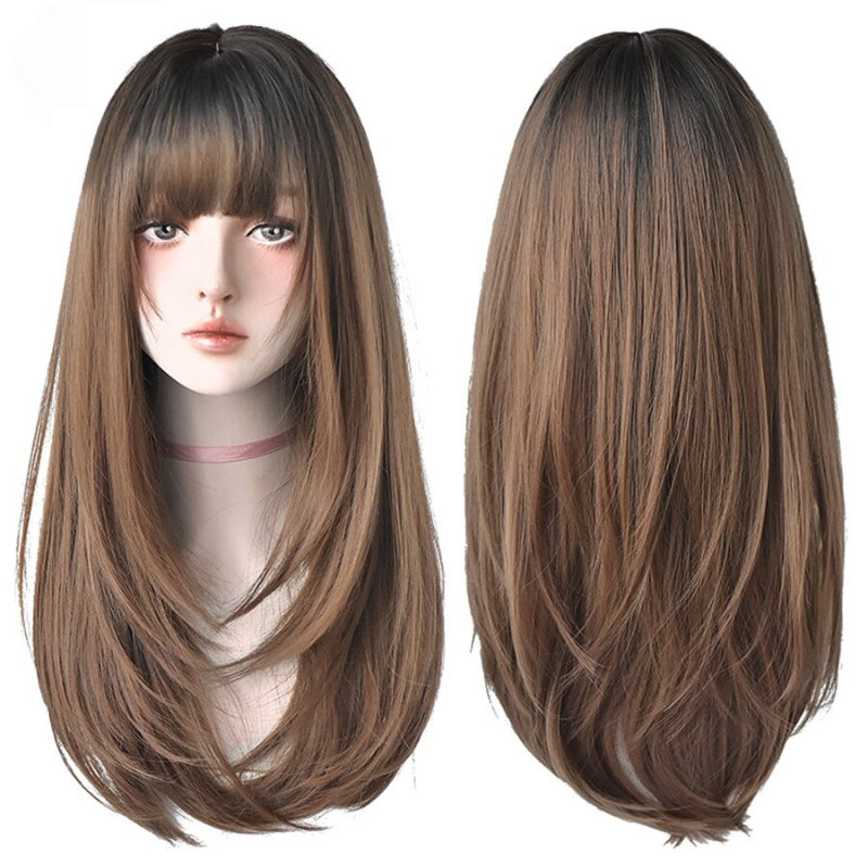 Women's Wig Long Black Heat-Resistant Synthetic with Bangs 7
