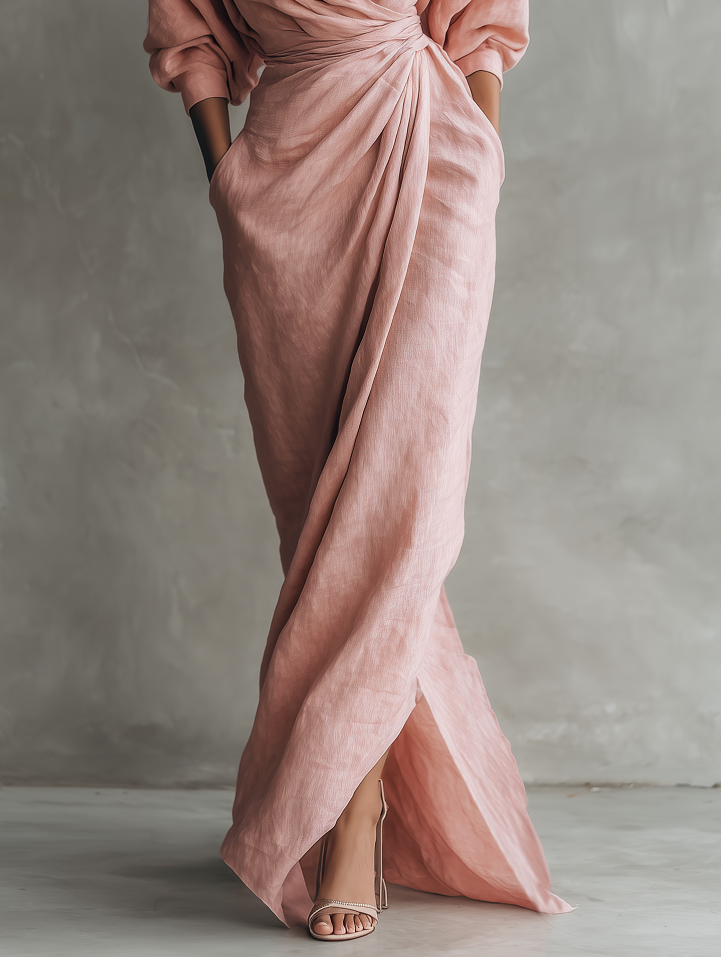 Women's Linen Blend V-Neck Minimalist Maxi Dress – product view | Hensley London