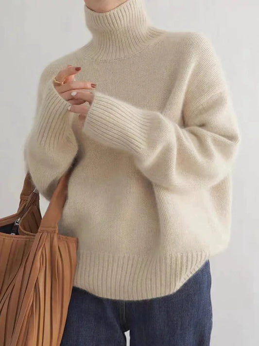 High Neck Women's Sweater in Beige - Soft Acrylic Blend, Relaxed Fit, Long Sleeves 2