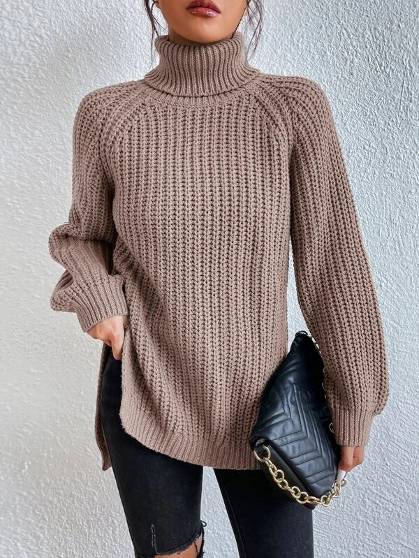 Women's Oversized Ribbed Knit Sweater with Turtle Neck and Split Hem – Cozy Fall Style 8