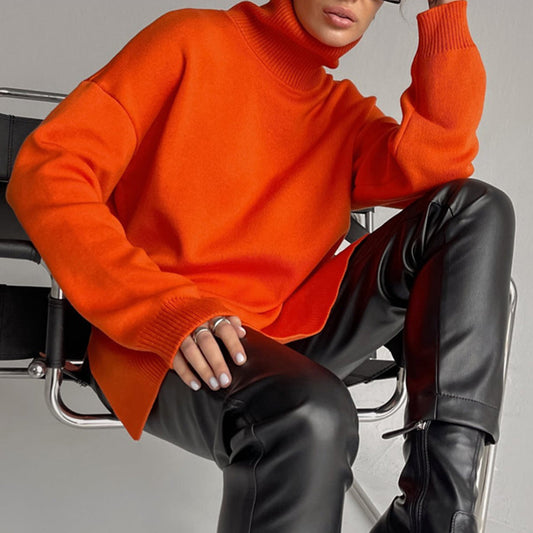 Chic Women's High-Neck Sweater with Long Sleeves - Cozy Acrylic-Cotton Blend 2