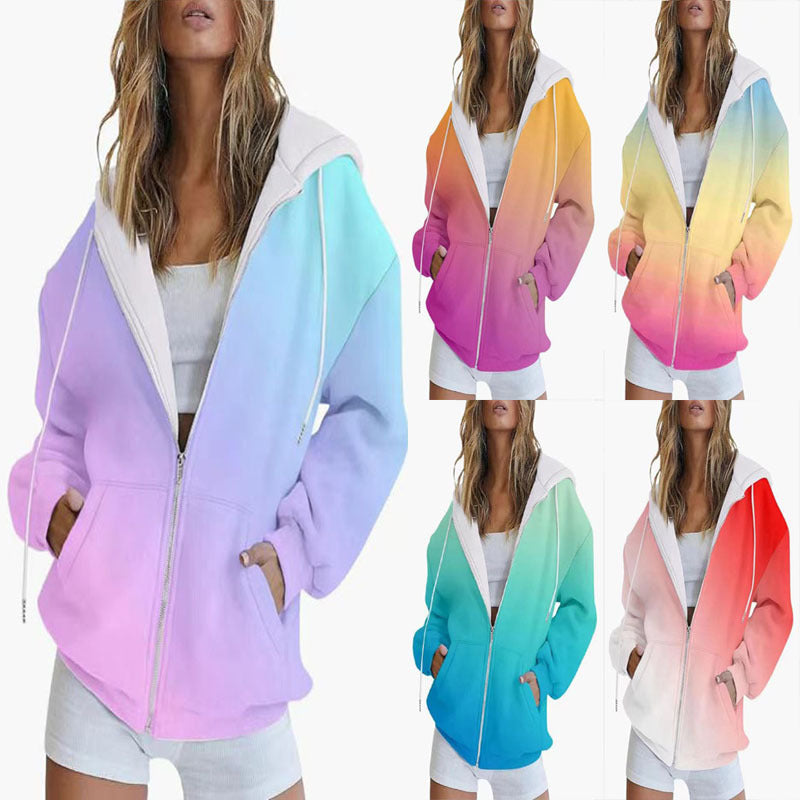 Women's Hooded Jacket Gradient Color Cotton Blend - 6