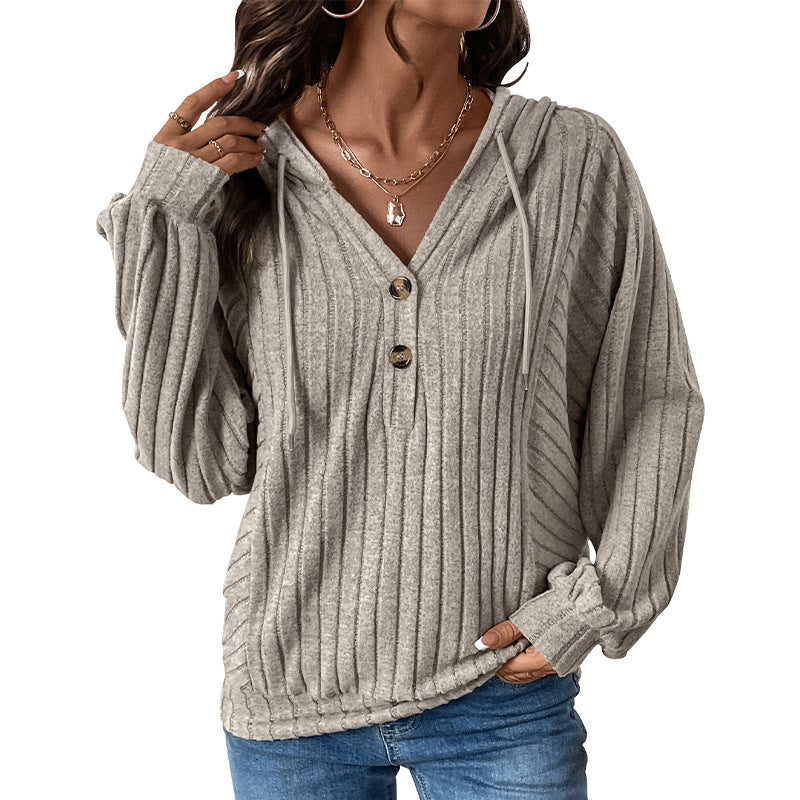 Women's Hooded Sweater Gray Ribbed Cotton Blend - 6