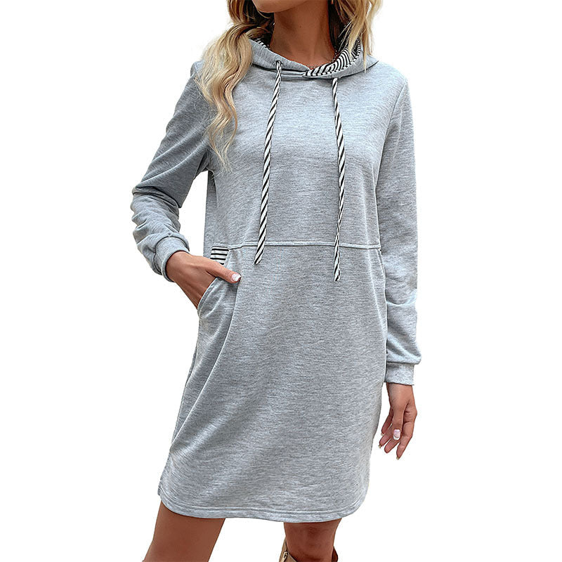 Women's Hoodie Dress Gray Cotton Casual with Pockets - 6