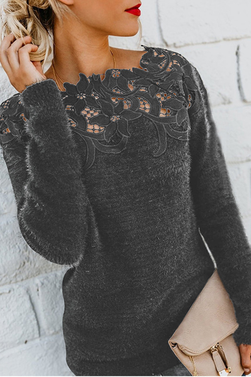Women's Lace Hollowed Out Long Sleeve Sweater – Elegant Casual Top for Spring and Autumn 4