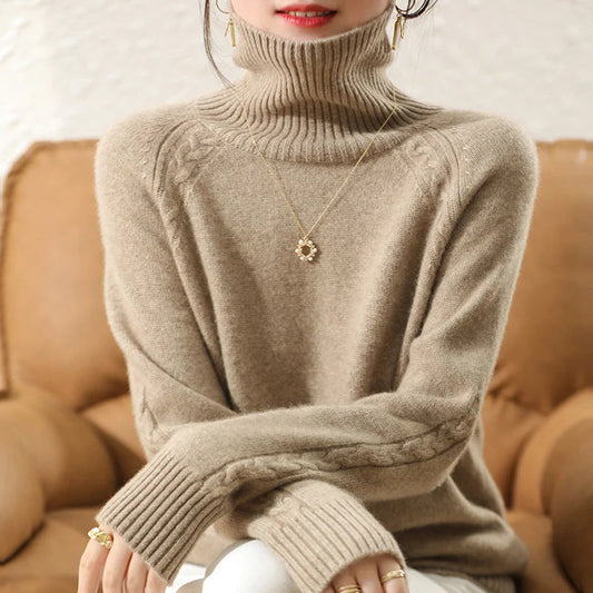 Women's Beige Knit Long Sleeve Roll Neck Sweater - Casual Comfort for Fall/Winter 2