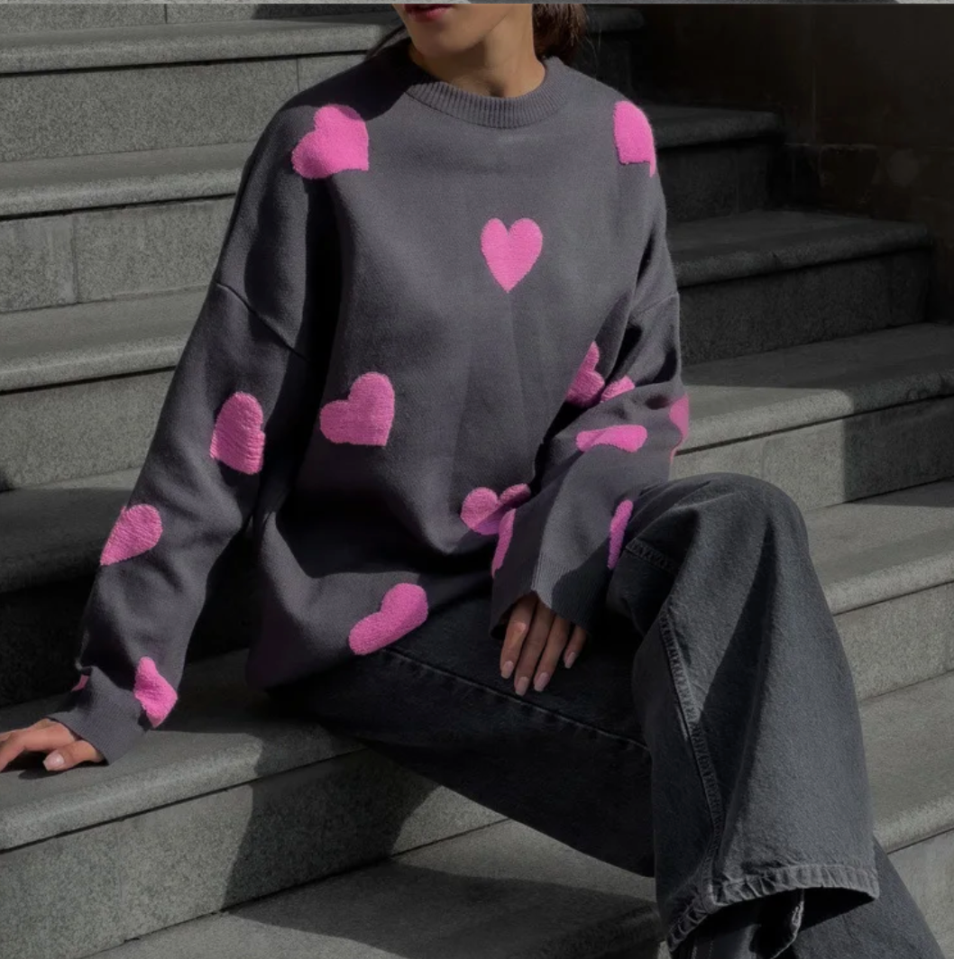 Women's Oversized Sweater with Heart Print - Soft Cotton Blend Casual Wear 10