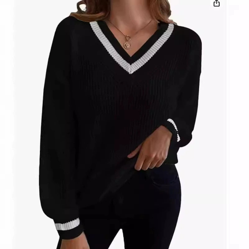 Women's Striped V-Neck Sweater in Beige, Gray, Pink, White – Chic and Comfortable 3