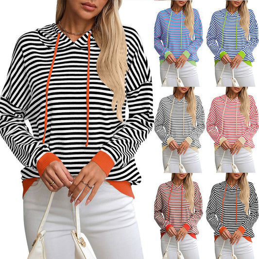 Women's Hoodie Striped Relaxed Fit Cotton with Adjustable Hood - 2