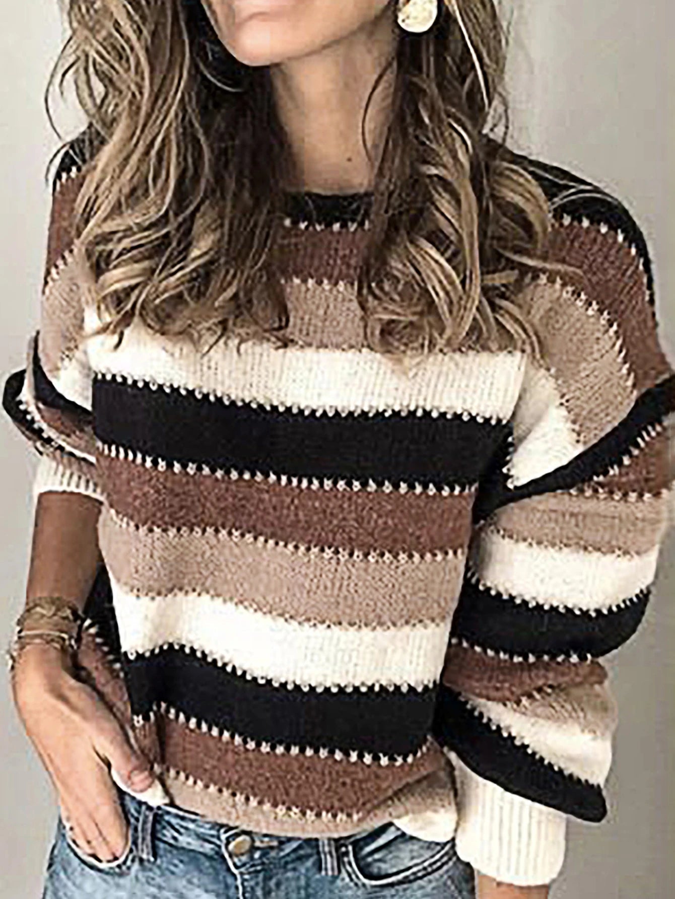Women's Striped Knitted Sweater - Casual Loose Fit, Medium Length, Acrylic Fabric 3