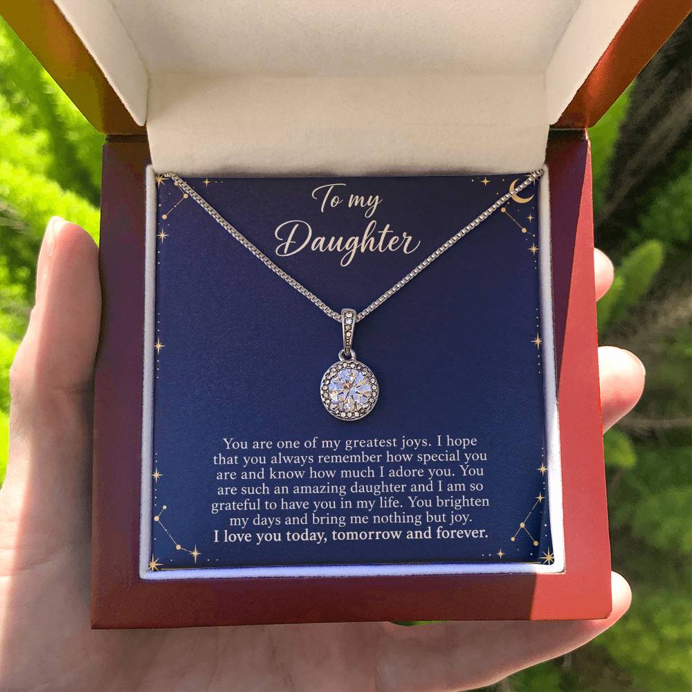 Eternal Hope Necklace with Midnight Celestial daughter message card – Luxury Box held for scale | Hensley London