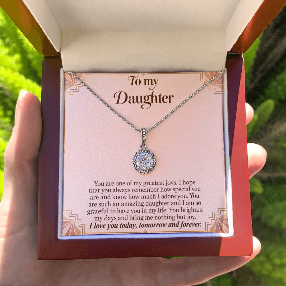 Eternal Hope Necklace with Blush Art Deco daughter message card – Luxury Box held for scale | Hensley London