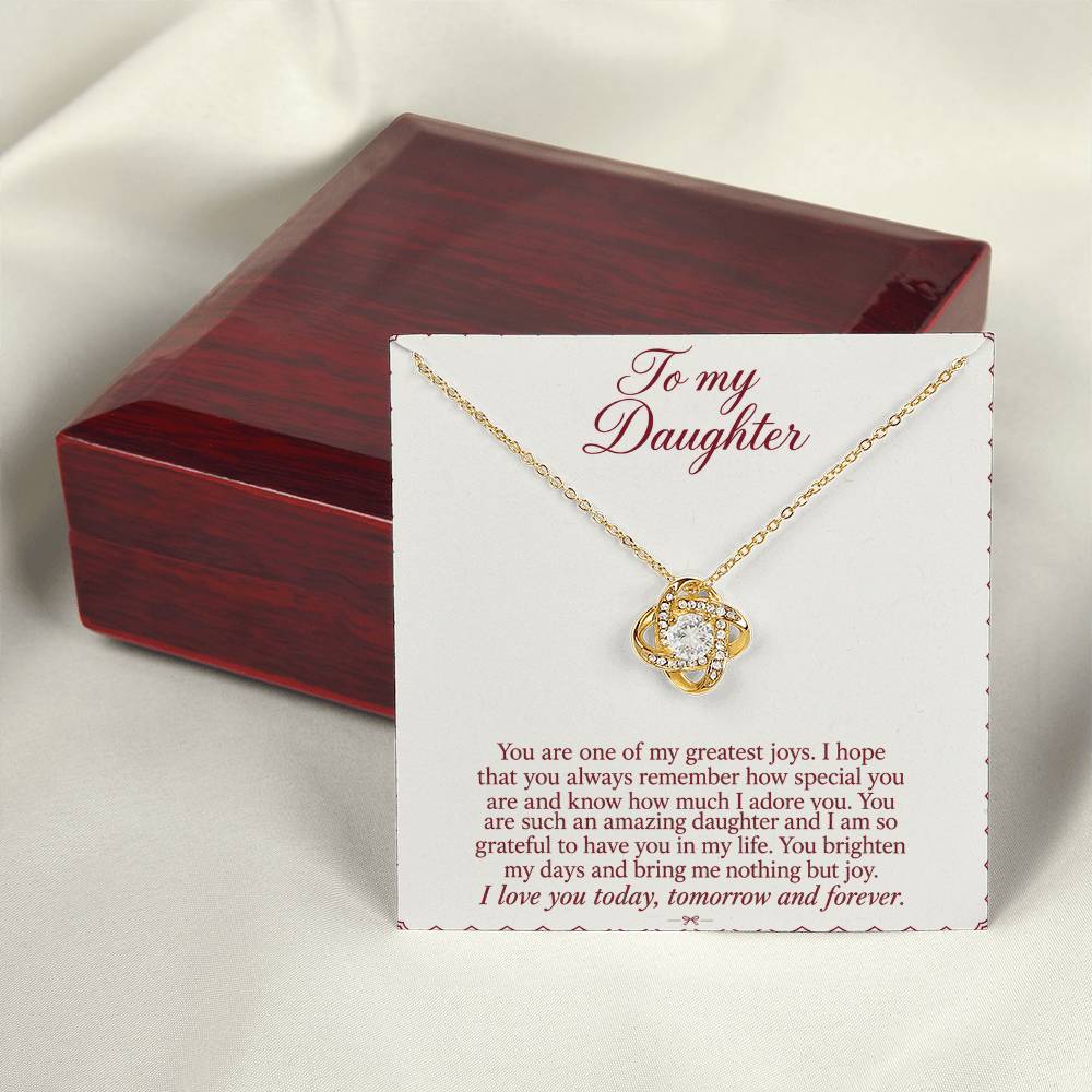 Love Knot necklace with Burgundy Letter daughter message card – yellow gold finish necklace and card beside Luxury Box | Hensley London