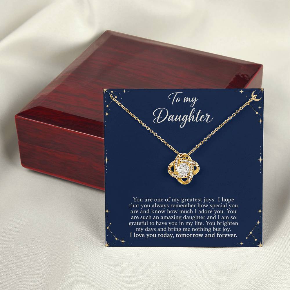 Love Knot necklace with Midnight Celestial daughter message card – yellow gold finish necklace and card beside Luxury Box | Hensley London