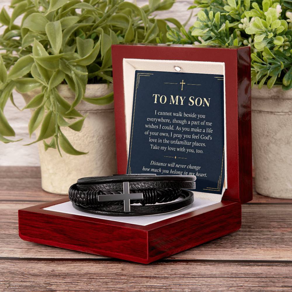 Black cross bracelet with son love across distance message card | Hensley London