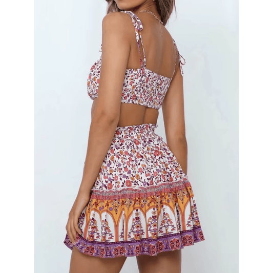 Women's 2 Piece Set Pink Floral Cotton Rayon Mini Skirt-2