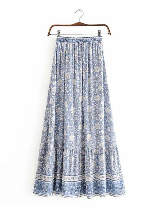 Women's Maxi Skirt Light Blue Floral Cotton Rayon Blend-2