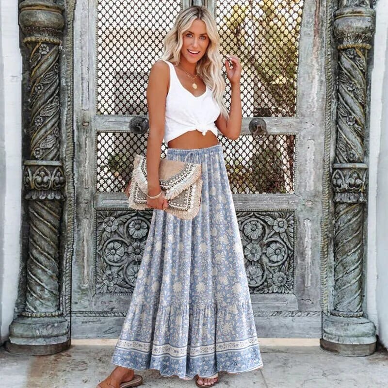 Variant image for Women's Maxi Skirt Light Blue Floral Cotton Rayon Blend-1