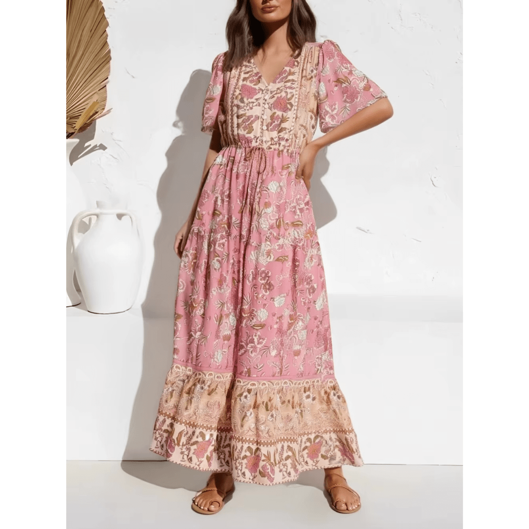 Women's Maxi Dress Pink Floral Size M Cotton Rayon-1