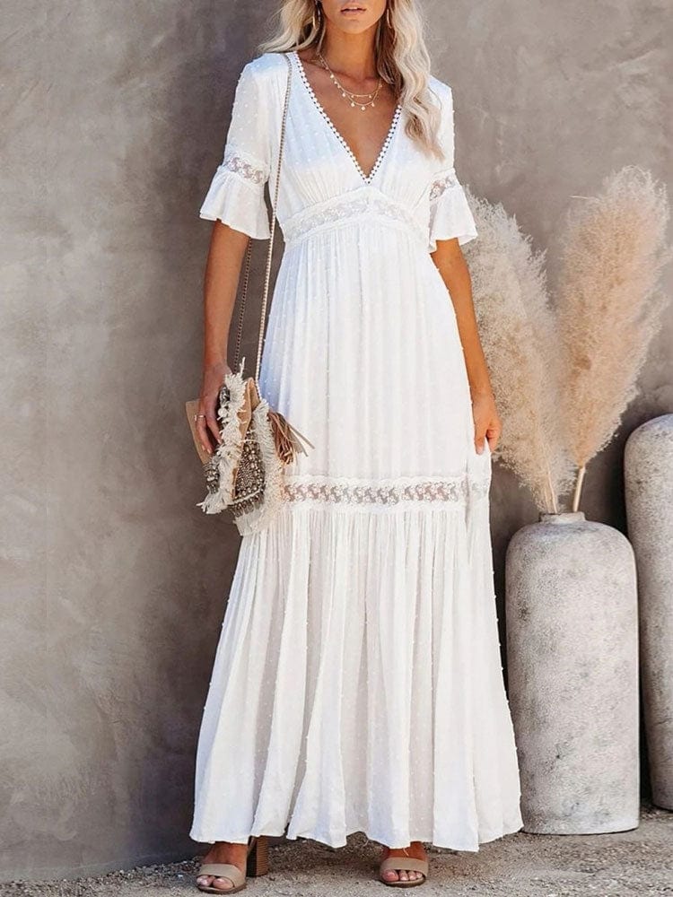 Women's Plus Size Maxi Dress White Lace High Waist Rayon-6
