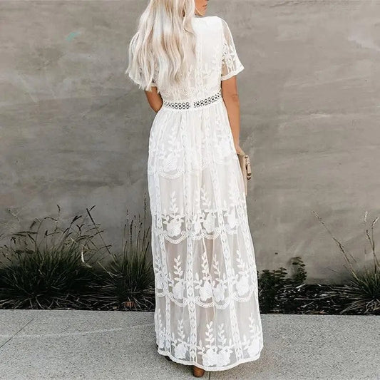 Women's Maxi Dress White Lace Short Sleeve Size S-XL-2