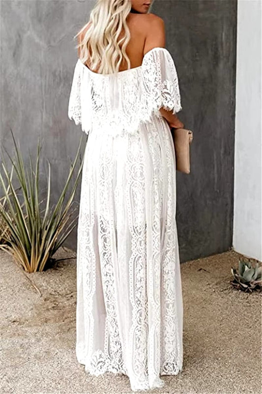 Women's Maxi Dress White Lace Off Shoulder Size S-XXL-2
