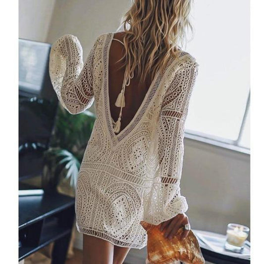 White Lace Backless Mini Dress for Women – Bohemian Summer Dress with Vintage Detailing