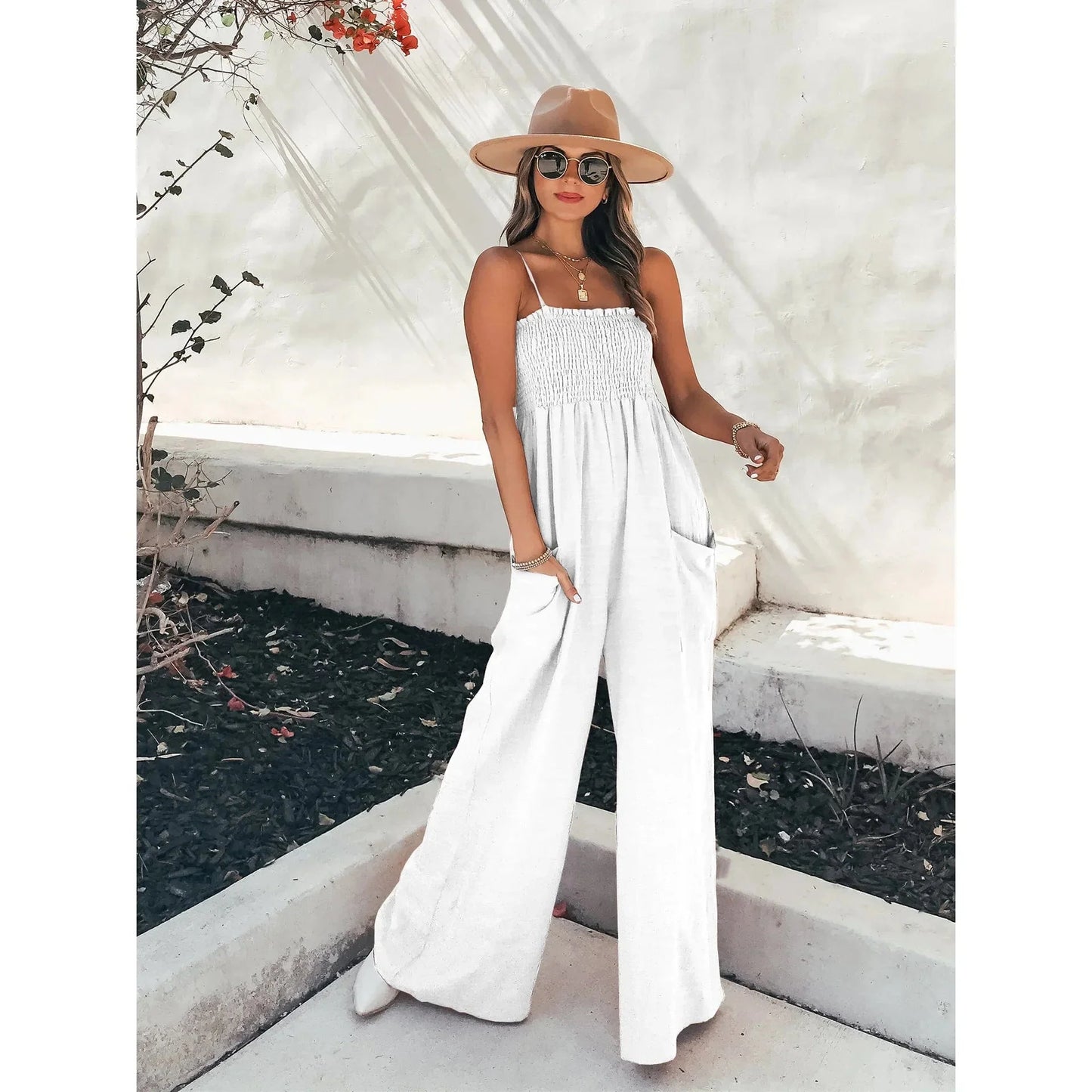 Variant image for Women's Jumpsuit White Size S Polyester Casual Spaghetti Strap Playsuit-13