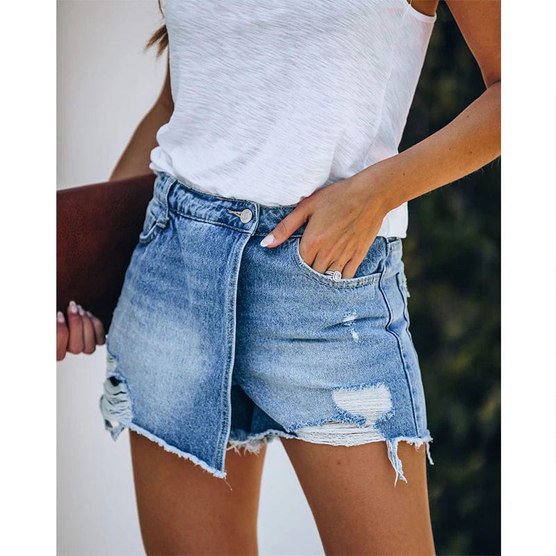 Women's Denim Shorts Skort Blue Distressed Cotton-3