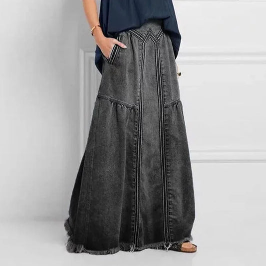 Women's Denim Maxi Skirt Blue Casual Bohemian Style-2