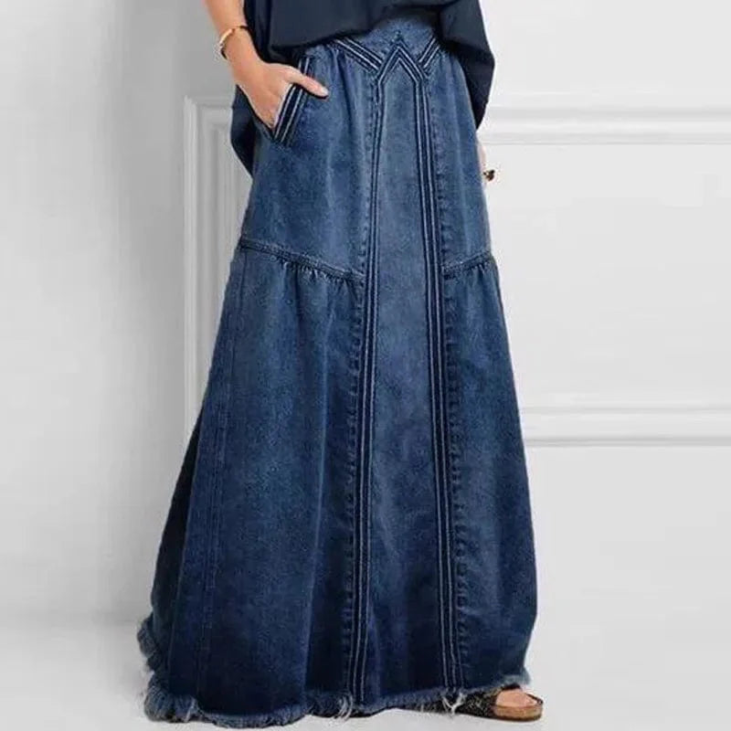 Variant image for Women's Denim Maxi Skirt Blue Casual Bohemian Style-13