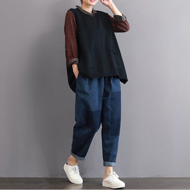 Women's Sleeveless Sweater Black Plus Size Cotton - 2