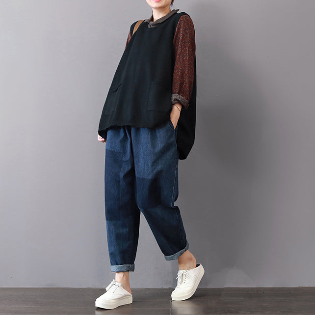 Women's Sleeveless Sweater Black Plus Size Cotton - 4