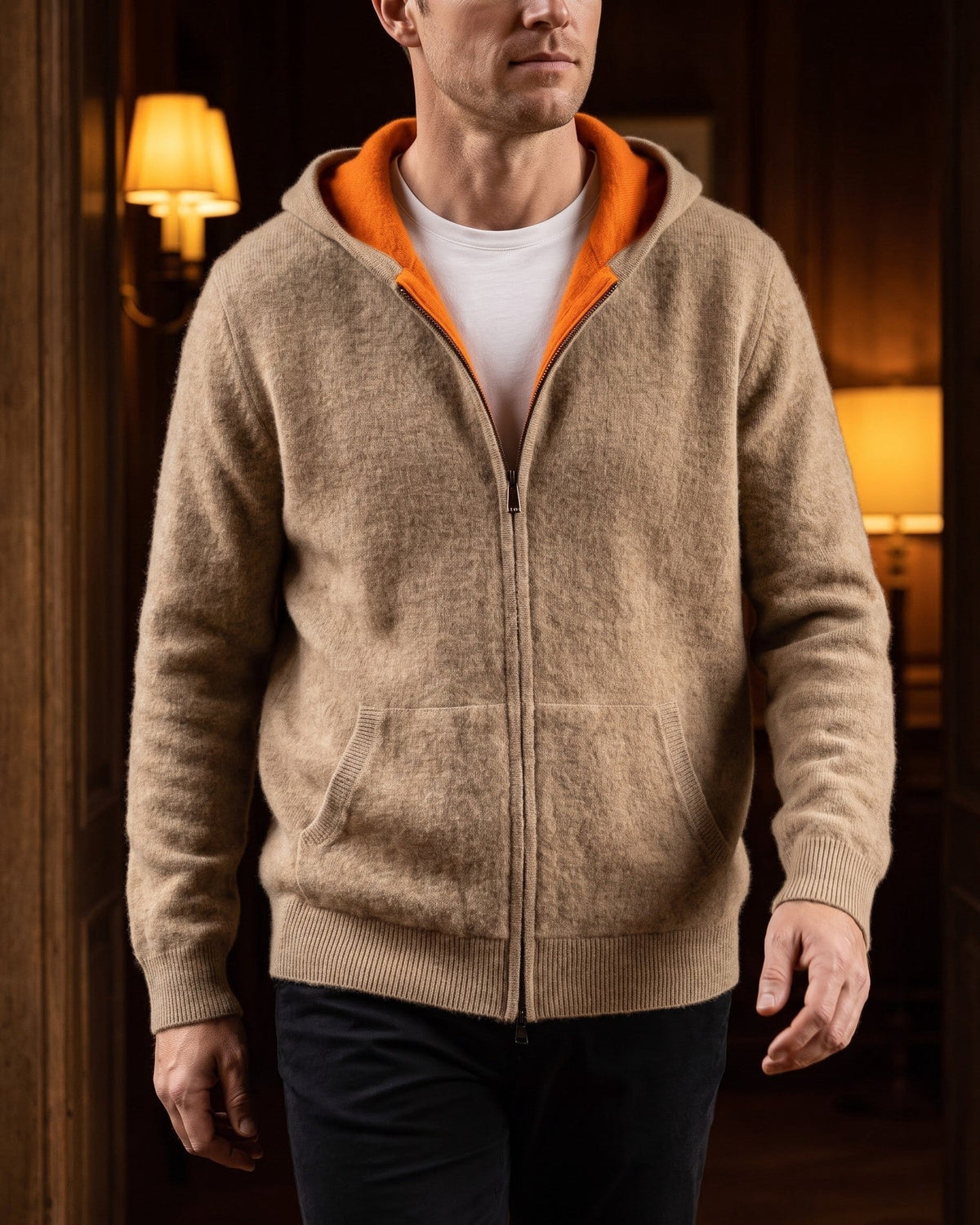 Men's Zip-Front Knit Hoodie with Ribbed Trim in Camel – additional view | Hensley London