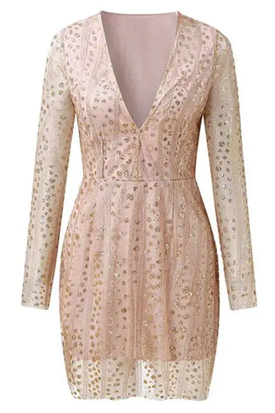 Women's Mini Dress Gold Mesh Long Sleeve Plunging Neckline-4