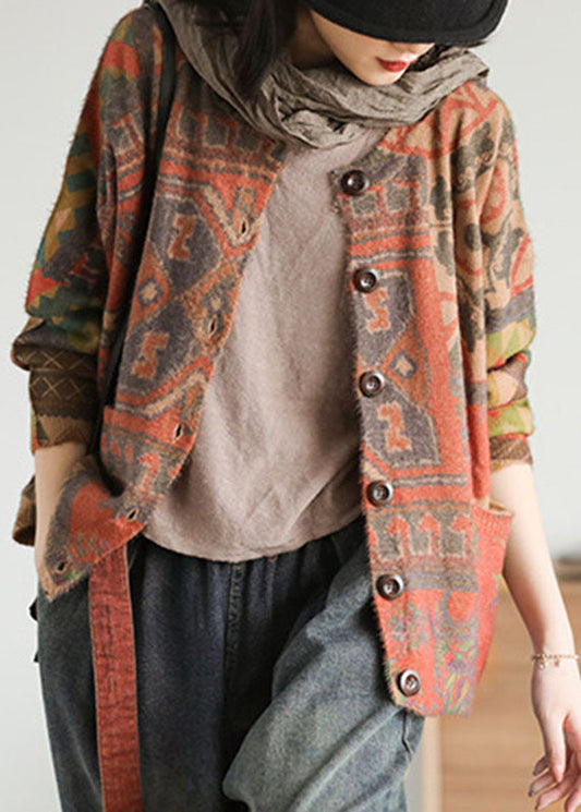Women's Cardigan Khaki Loose Knit Faux Mink Sweater - 1