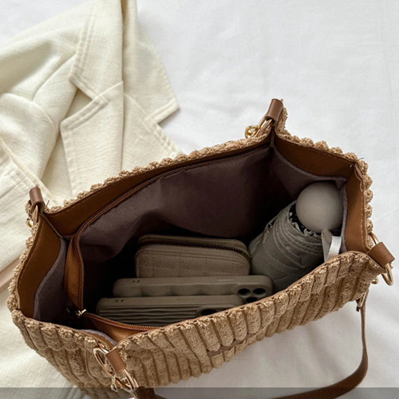 Women's Tote Bag Beige One Size Corduroy-4