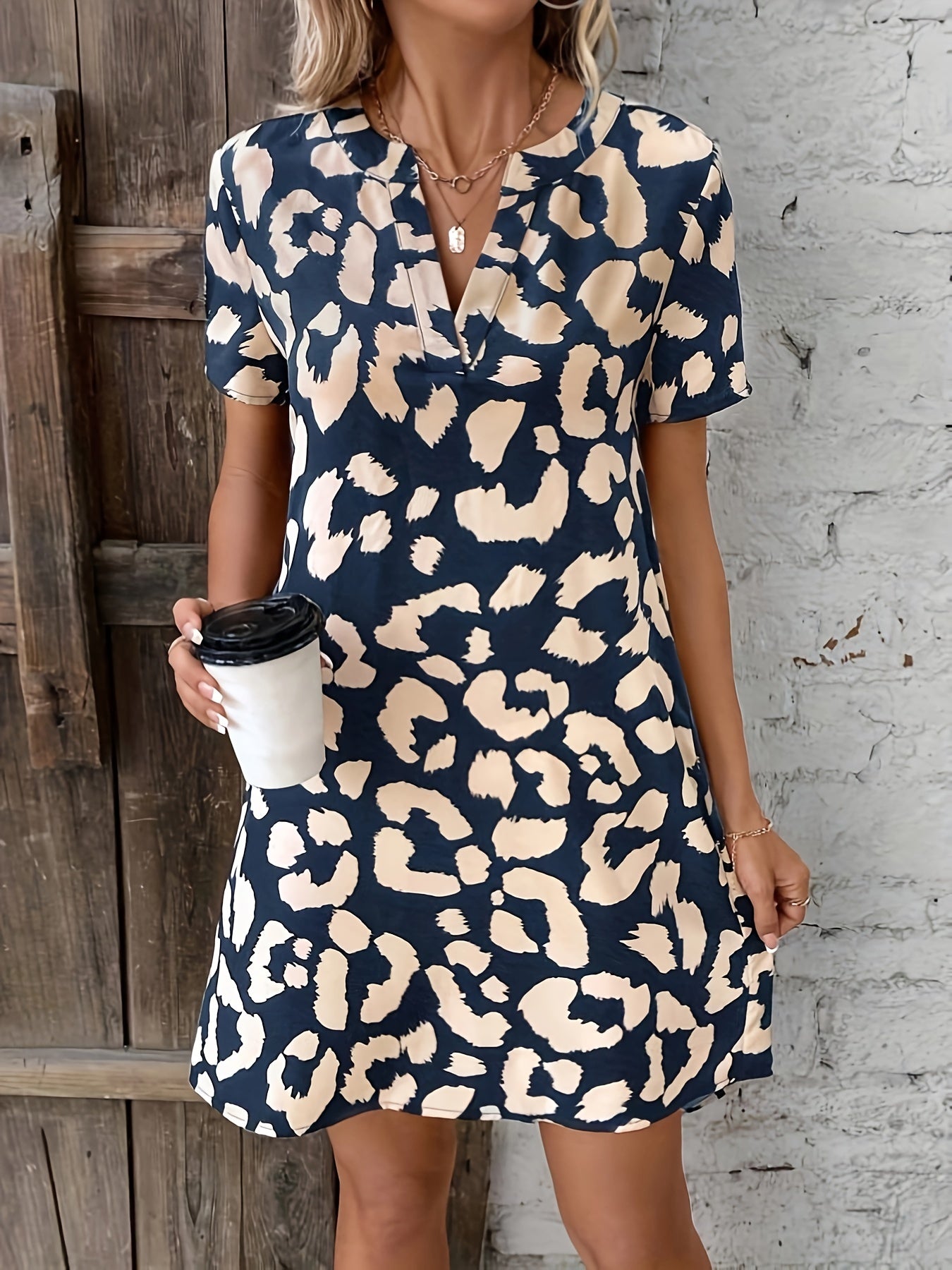 Women's V-Neck Dress Leopard Print Short Sleeve Polyester 3
