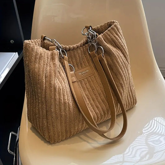 Women's Tote Bag Beige One Size Corduroy-2